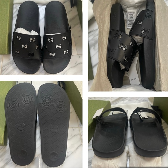 GUCCI BLACK WOMEN’S PURSUIT POOL SIDE SLIDES “GG” CUT OUT LOGO DETAILING - Picture 11 of 16